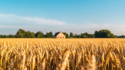 Obraz premium Golden Wheat Field with Small House