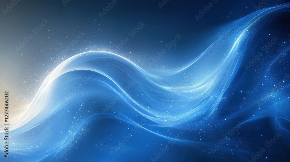 Poster Abstract blue wave background with glowing particles and soft light.