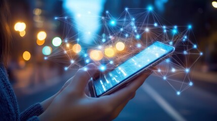 Person using smartphone at night, glowing network connections.