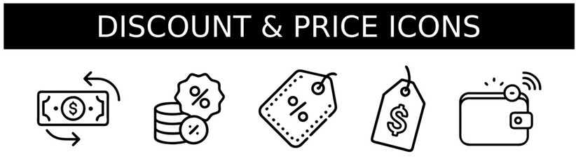 DISCOUNT & PRICE ICONS: Money with Exchange Arrow, Percentage Off on Coin, Percentage Tag, Dollar Tag, Wallet with Wi-Fi Symbol