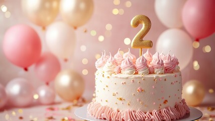 Elegant Pink and Gold Themed Second Birthday Cake with Balloons and Glittering Decorations in Soft Pastel Background