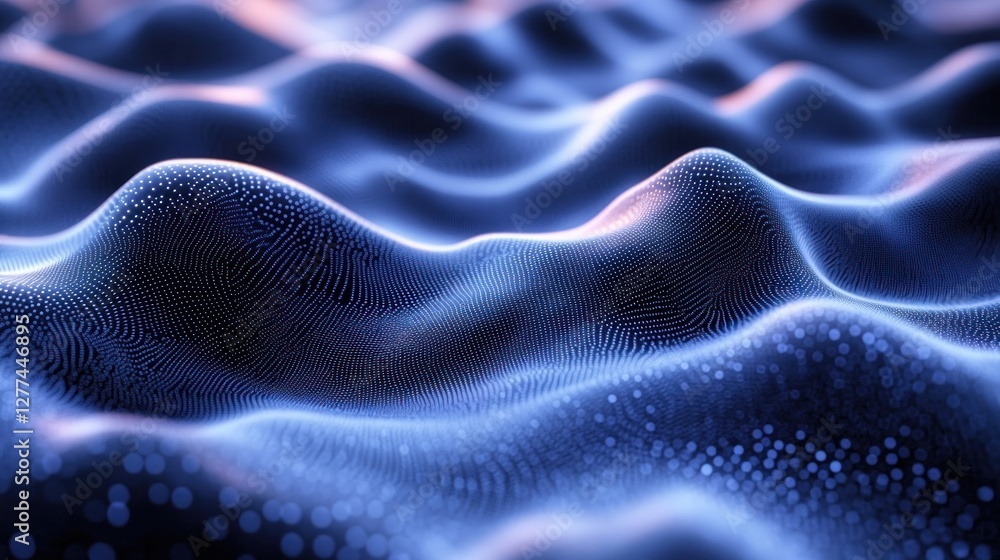 Poster abstract blue wave pattern, digital rendering of flowing data points.