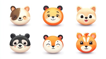 Cute cartoon animal heads, various species, cheerful expressions, round design, playful, digitally rendered, colorful, flat style, graphic illustration, whimsical, adorable.