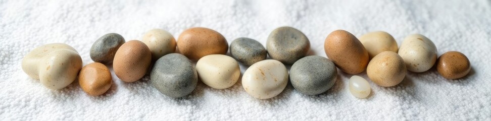 Fototapeta premium Smooth stones scattered on white towel with a single stick, earthy tone, sticks