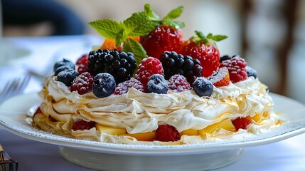 Delicious Pavlova Cake Topped with Fresh Berries and Mint Leaves on a White Plate
