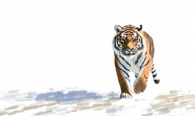 Obraz premium A majestic tiger walking gracefully across a snowy landscape, showcasing its strength and beauty