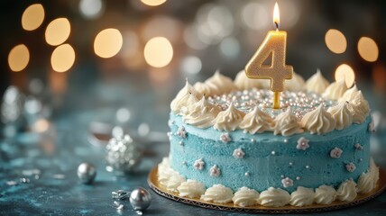 Beautiful Blue Birthday Cake with Number Four Candle and Festive Decorations in Soft Focus Background