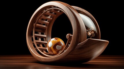 Wooden sphere rolling in a curved, intricate track.