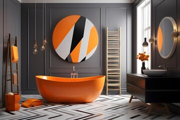 Modern bathroom interior with bathtub. Modern bathroom with gray walls a dark tub. 