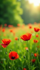 Obraz premium Poppies sway gently in a lush green summer meadow, bathed in sunlight , beautiful, warm, rural