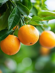 Fresh oranges hanging from a tree branch sunlit in a lush orchard signifying a healthy lifestyle
