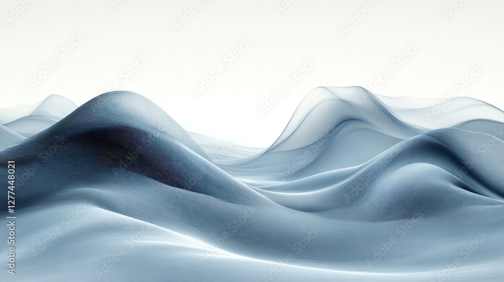 Poster abstract blue wave-like forms resembling hills or mountains against a white background.