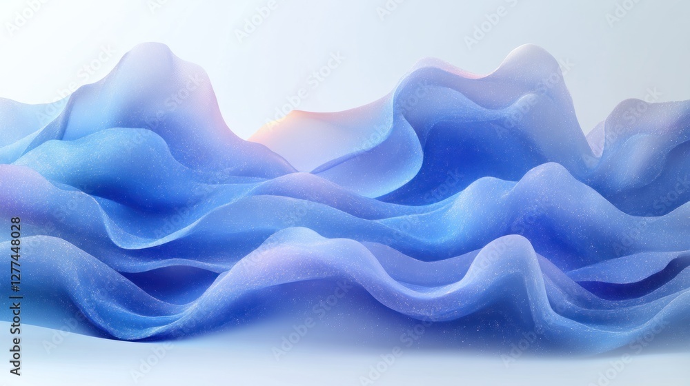 Poster abstract blue wave-like forms on a white background.