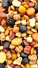 a close-up view of a mixed trail mix, featuring a variety of dried fruits, nuts, and seeds with different textures and colors