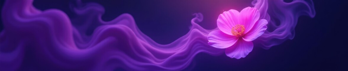 Thick smoke swirls around a glowing purple flower, glow, smoke