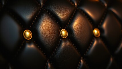 a close-up view of a dark, quilted leather surface with a diamond pattern, featuring gold buttons at each vertex, and highlighted by soft, warm light reflections