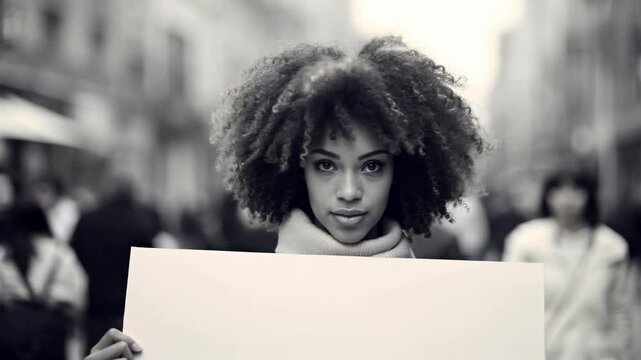 African american woman with natural afro hair holding blank white poster mockup on street. Protest concept for Martin Luther King Day, Black History Month, Juneteenth