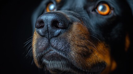 Fototapeta premium Close-up of a dog's face, showcasing its nose, eyes, and whiskers against a dark background.