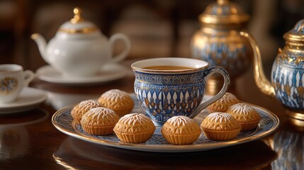 Teacup with pastries on a plate, elegant tea set.