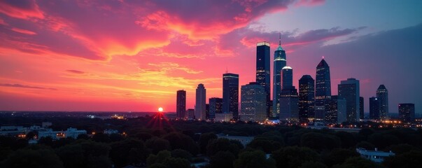 Houston's skyscrapers pierce a vibrant sunset , towers, sunset, modern