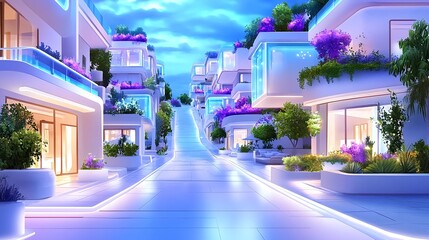 Obraz premium Futuristic City Street at Night, Luxury Homes - Futuristic/Sci-fi A.