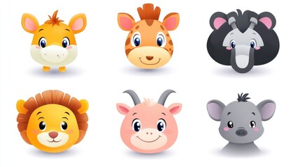 Fototapeta premium Cute cartoon animal heads, various species, playful expressions, childish design, digital illustration.