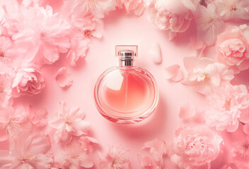 A perfume bottle centered on a vibrant pink background with flowers surrounding it, top view