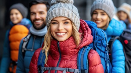 Happy friends with backpacks ready for winter adventure.