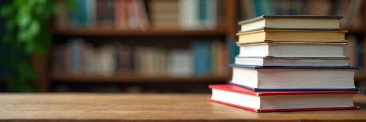 Fototapeta premium Neatly stacked textbooks and notebooks on a wooden desk, school life, pen, desk