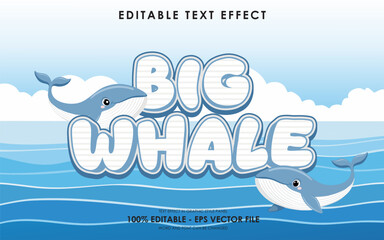 editable big whale sea animal text effect, with ocean background and cute whale illustrations
