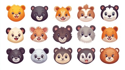 Cute cartoon animal heads, various species, smiling faces, flat design.