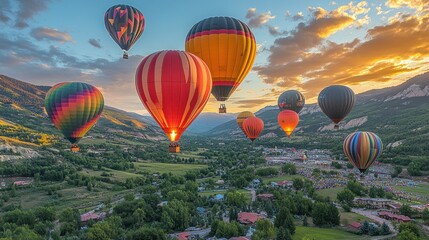 Colorful hot air balloons soar over a scenic valley at sunrise.