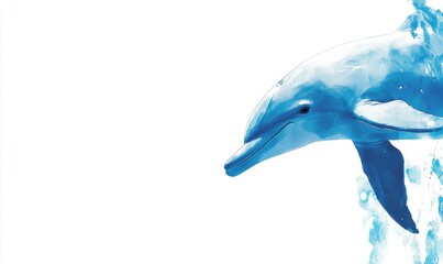 A playful dolphin leaps gracefully above the water's surface against a serene white backdrop