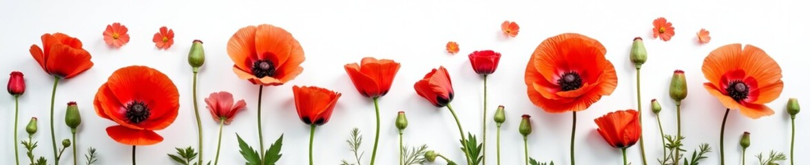 Obraz premium Vibrant poppy flowers pressed on a white background, delicate floral arrangement, vibrant, delicate