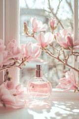 A perfume bottle placed on a windowsill surrounded by magnolia flowers with natural light coming through