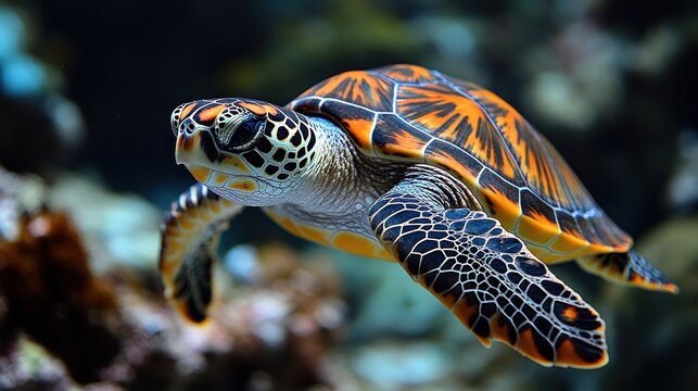 Vibrant sea turtle swimming in coral reef.