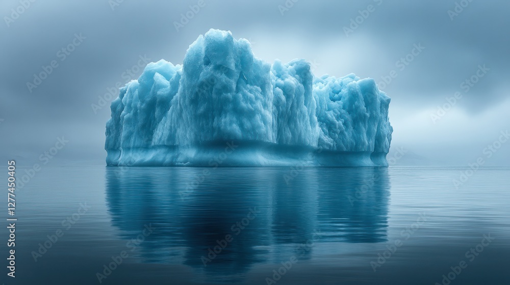 Wall mural a majestic iceberg floats serenely in calm, icy waters, its reflection mirroring the serene scene.