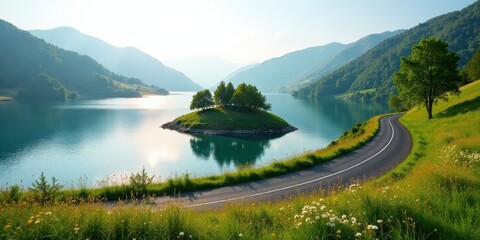 Serene Lakeside Vista A Picturesque Winding Road Curves Gently Through Lush Meadows Towards a Tranquil Island in a Sparkling Lake Nestled Amongst Majestic Mountains under a Soft, Sunny Sky
