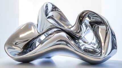 Abstract chrome sculpture in a minimalist white room.