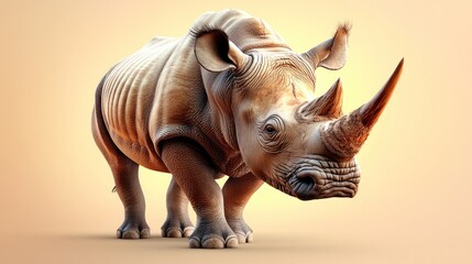 Obraz premium Powerful white rhinoceros standing, facing viewer, against a pale background.