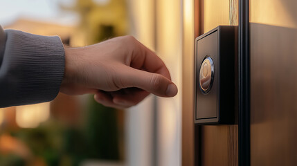 Hand pressing doorbell on wooden door frame