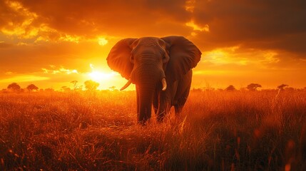 Naklejka premium Majestic elephant silhouetted against a vibrant sunset in the African savanna.