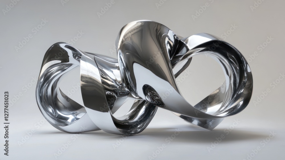 Aufkleber abstract chrome sculpture with swirling, interconnected forms on a light gray background.