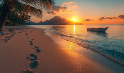 serene tropical beach at sunrise with palm trees swaying gently and footprints leading to a small boat, Generative AI