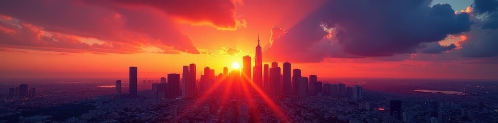 Fototapeta premium Fiery sunset paints skyscrapers, urban panorama, skyline, vibrant