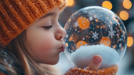 Naklejka premium Girl kisses snow globe with snowflakes and lights.