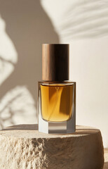 A perfume bottle with a wooden cap placed on a soft textured surface, highlighting its modern design and luxury feel
