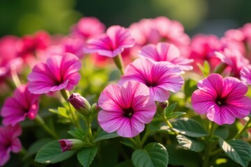 Lush pink petunias overflowing a sunny summer garden flowerbed , green, growth, blossom