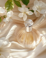 A perfume bottle placed on soft beige fabric surrounded by elegant white flowers