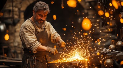 bustling medieval blacksmiths forge with sparks flying, swords cooling in barrels of water, and a hammer ringing on an anvil, Generative AI